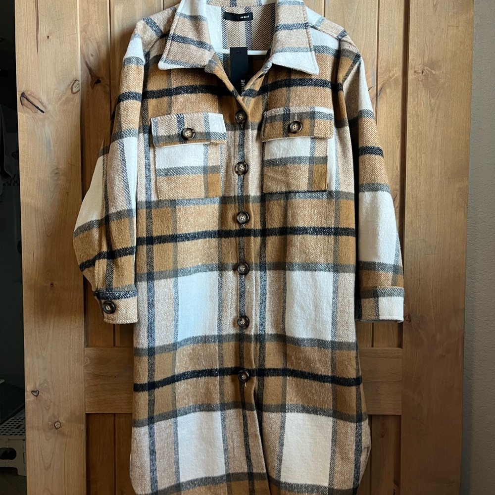 On Blue Plaid Button-Up Coat NWT
